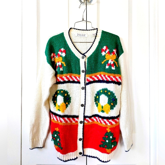 Karen Scott Sweaters - Cream Christmas Cardigan Wreath Camdy Canes & Trees Karen‎ Scott Medium